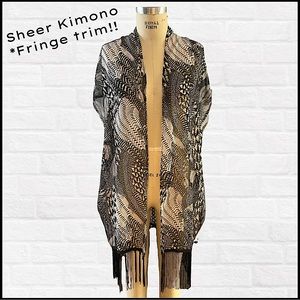 Never worn, fun & edgy, sheer kimono w/ fringe trim.